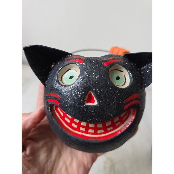 Vintage paper mache cat basket Halloween decor shabby chic glitter - Picture 2 of 9